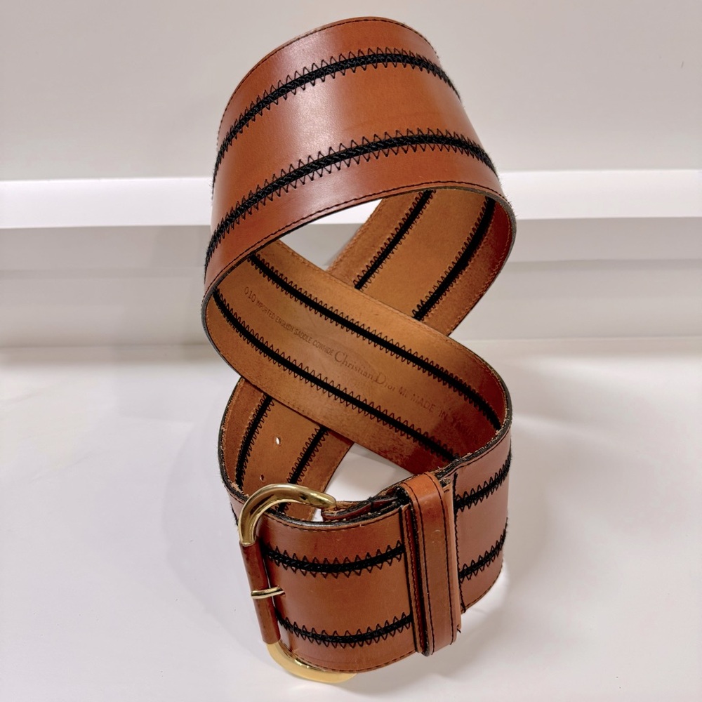 Christian Dior Wide Leather Belt Women’s M Brown English Saddle Cowhide 36”